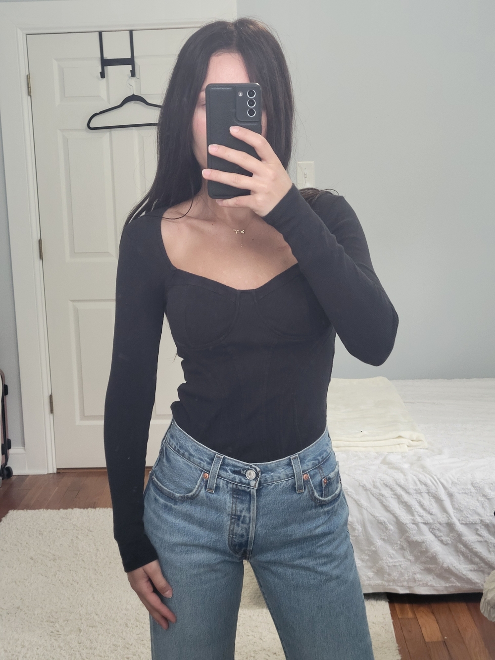 Women’s Long Sleeve Sweetheart Neck Top - Black